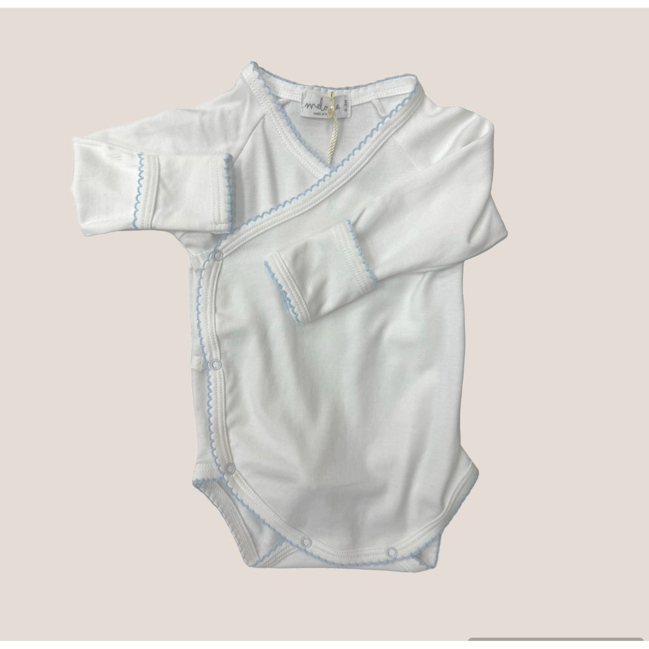 Kimono Pima Cotton Bodysuit | Blue Picot Trim